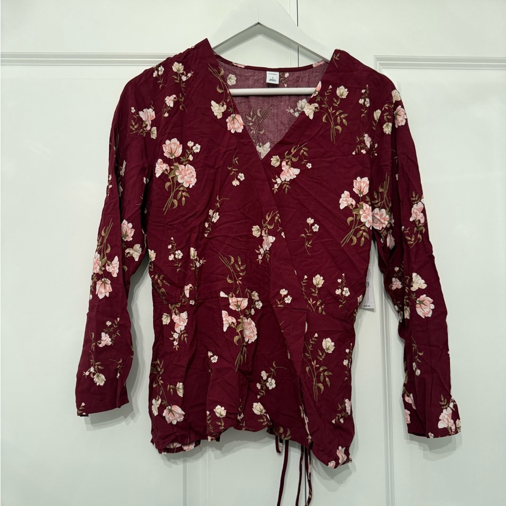 NWT Old Navy Burgundy Floral Wrap Blouse